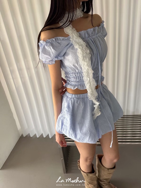 泡泡布抽繩格紋澎裙